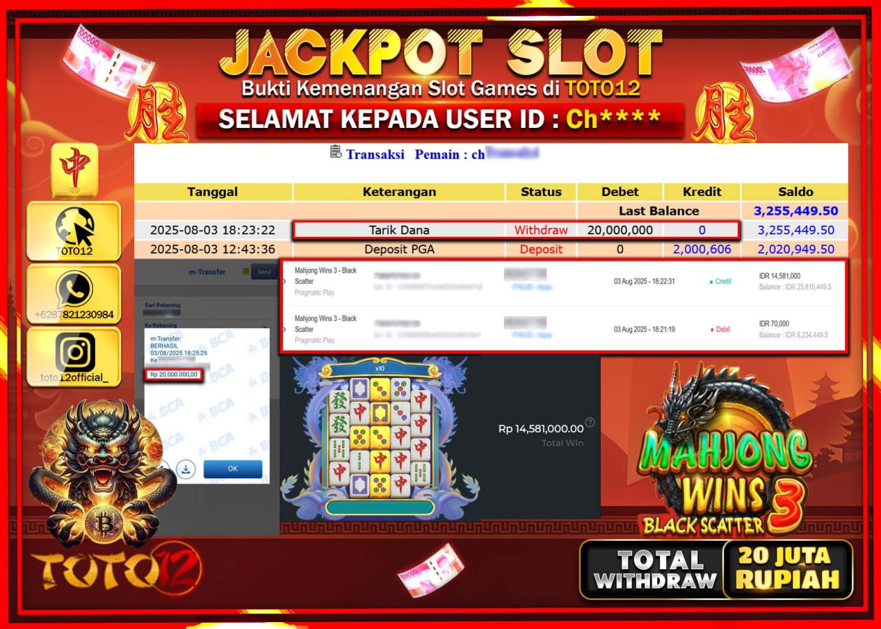 HANYA DI TOTO12 JP PASTI DI BAYAR LUNAS DAN CEPAT!!!!!! JACKPOT SLOT GAME (MAHJONG WINS 3 BLACK SCATTER) Rp.20.000.000 !!!!