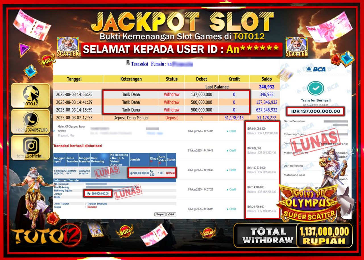 HANYA DI TOTO12 JP PASTI DI BAYAR LUNAS DAN CEPAT!!!!!! JACKPOT SLOT GAME (GATES OF OLYMPUS SUPER SCATTER) Rp.1.137.000.000 !!!!