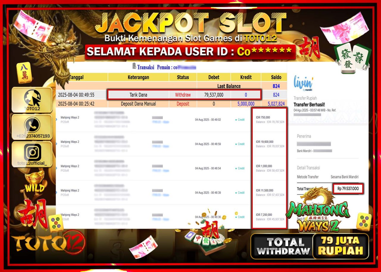 HANYA DI TOTO12 JP PASTI DI BAYAR LUNAS DAN CEPAT!!!!!! JACKPOT SLOT GAME (MAHJONG WAYS 2) Rp.79.537.000 !!!!