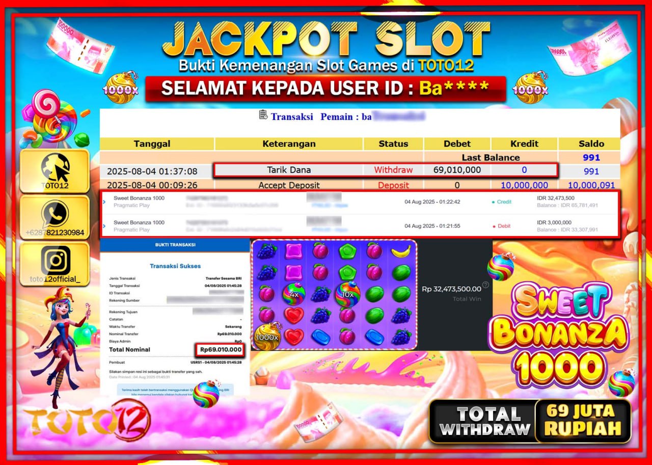 HANYA DI TOTO12 JP PASTI DI BAYAR LUNAS DAN CEPAT!!!!!! JACKPOT SLOT GAME (SWEET BONANZA 1000) Rp.69.010.000 !!!!