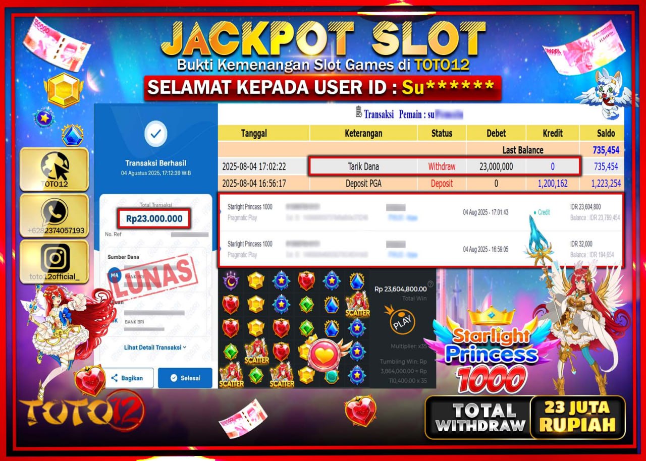 HANYA DI TOTO12 JP PASTI DI BAYAR LUNAS DAN CEPAT!!!!!! JACKPOT SLOT GAME (STARLIGHT PRINCESS 1000) Rp.23.000.000 !!!!