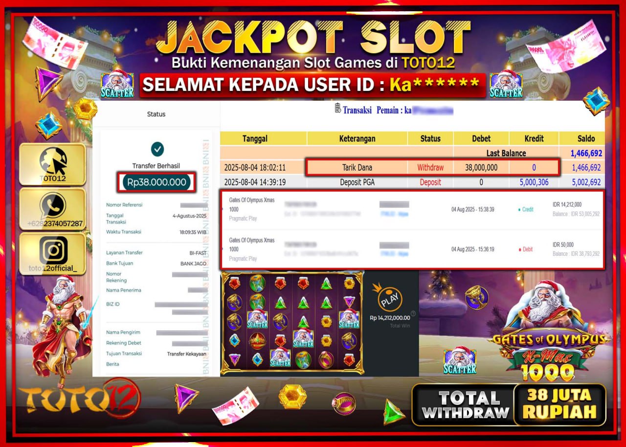 HANYA DI TOTO12 JP PASTI DI BAYAR LUNAS DAN CEPAT!!!!!! JACKPOT SLOT GAME (GATES OF OLYMPUS XMAS 1000) Rp.38.000.000 !!!!