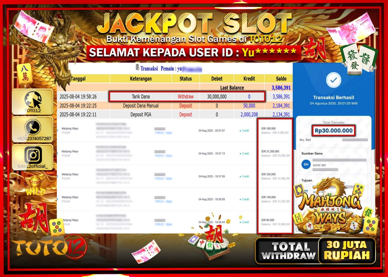 HANYA DI TOTO12 JP PASTI DI BAYAR LUNAS DAN CEPAT!!!!!! JACKPOT SLOT GAME (MAHJONG WAYS) Rp.30.000.000 !!!!