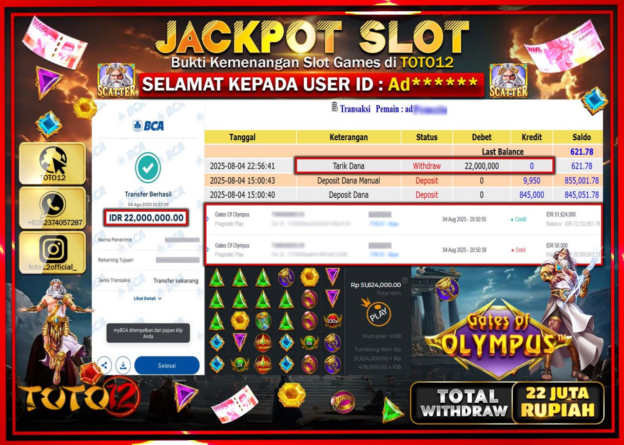 HANYA DI TOTO12 JP PASTI DI BAYAR LUNAS DAN CEPAT!!!!!! JACKPOT SLOT GAME (GATES OF OLYMPUS) Rp.22.000.000 !!!!