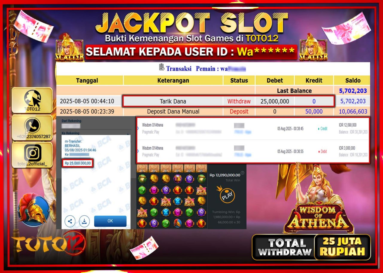 HANYA DI TOTO12 JP PASTI DI BAYAR LUNAS DAN CEPAT!!!!!! JACKPOT SLOT GAME (WISDOM OF ATHENA) Rp.25.000.000 !!!!