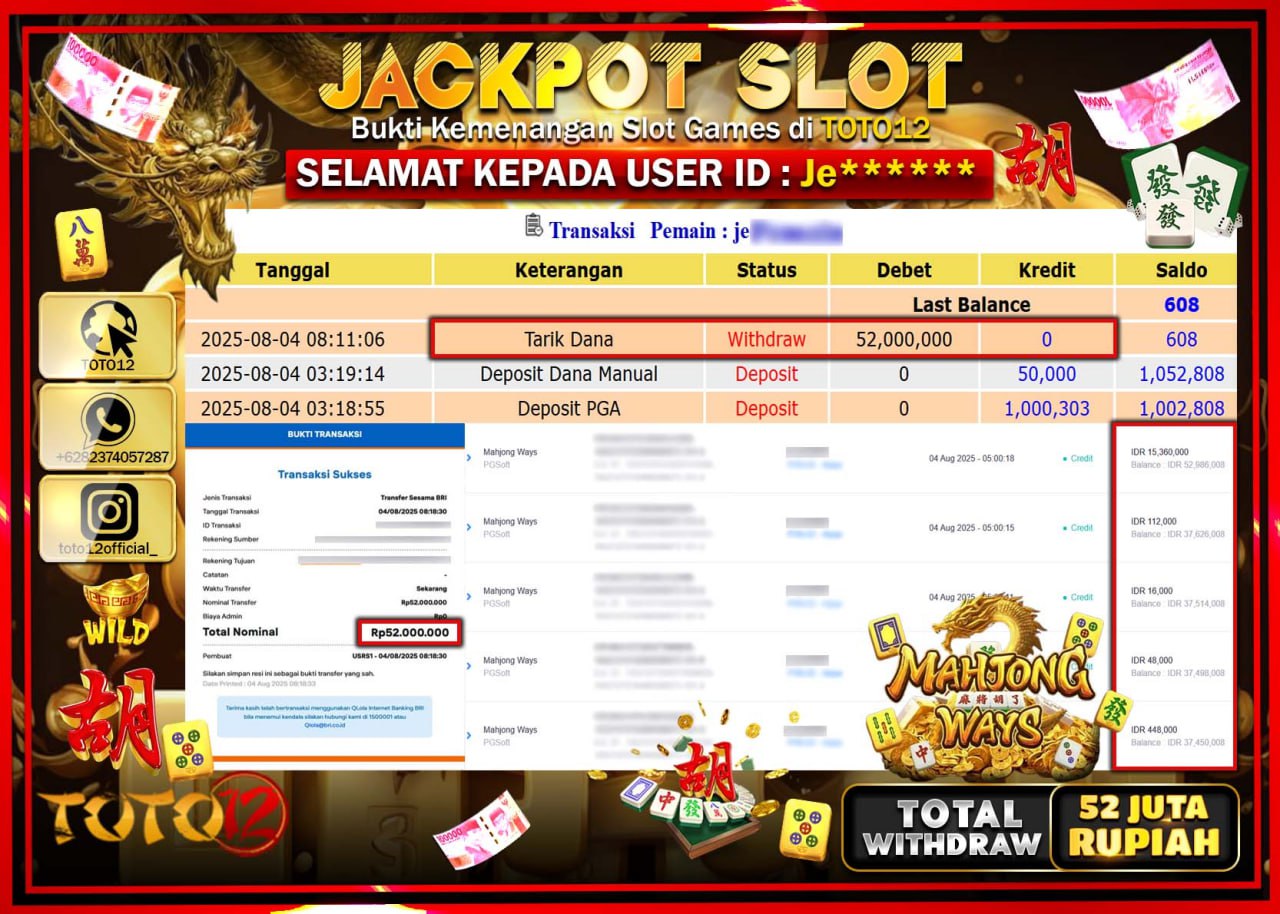 HANYA DI TOTO12 JP PASTI DI BAYAR LUNAS DAN CEPAT!!!!!! JACKPOT SLOT GAME (MAHJONG WAYS) Rp.52.000.000 !!!!