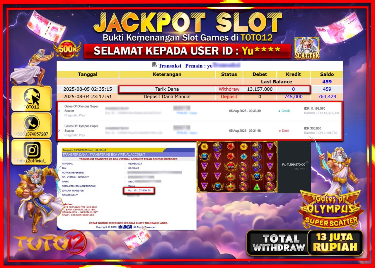 HANYA DI TOTO12 JP PASTI DI BAYAR LUNAS DAN CEPAT!!!!!! JACKPOT SLOT GAME (GATES OF OLYMPUS SUPER SCATTER) Rp.13.157.000 !!!!