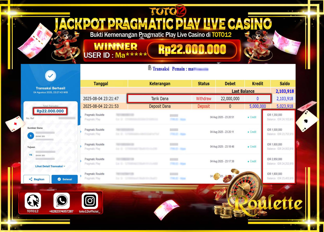 HANYA DI TOTO12 JP PASTI DI BAYAR LUNAS DAN CEPAT!!!!!! JACKPOT PRAGMATIC PLAY LIVE CASINO (ROULETTE) Rp.22.000.000 !!!!