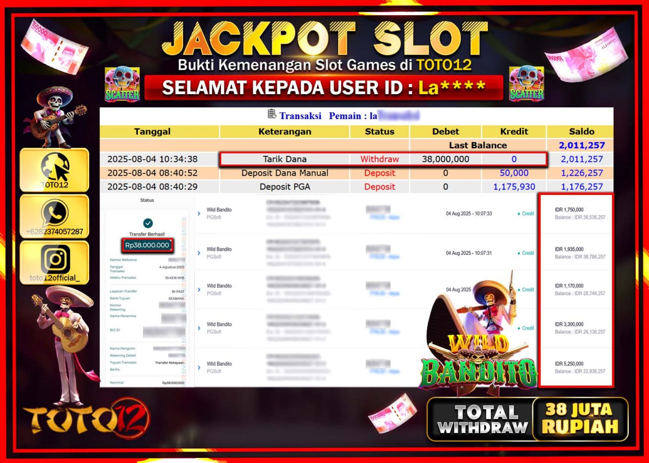 HANYA DI TOTO12 JP PASTI DI BAYAR LUNAS DAN CEPAT!!!!!! JACKPOT SLOT GAME (WILD BANDITO) Rp.38.000.000 !!!!