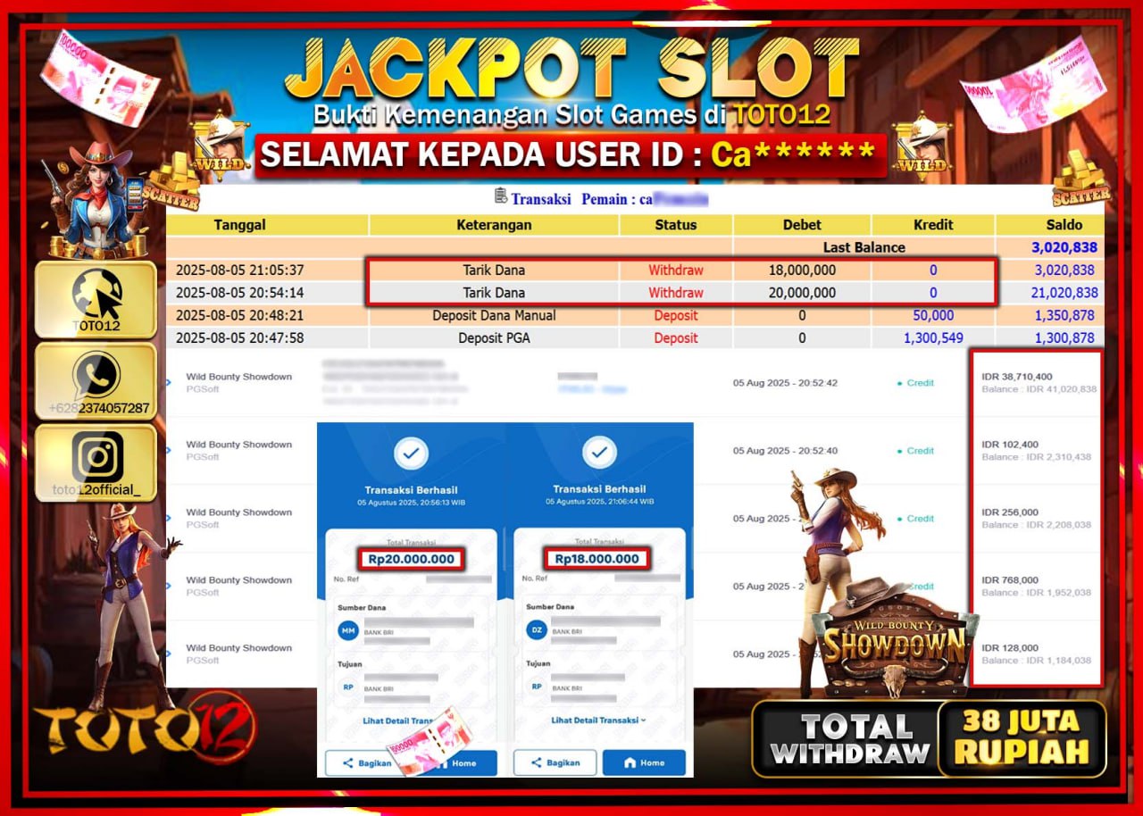 HANYA DI TOTO12 JP PASTI DI BAYAR LUNAS DAN CEPAT!!!!!! JACKPOT SLOT GAME (WILD BOUNTY SHOWDOWN) Rp.38.000.000 !!!!