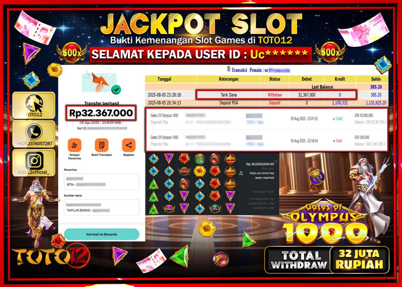 HANYA DI TOTO12 JP PASTI DI BAYAR LUNAS DAN CEPAT!!!!!! JACKPOT SLOT GAME (GATES OF OLYMPUS 1000) Rp.32.367.000 !!!!