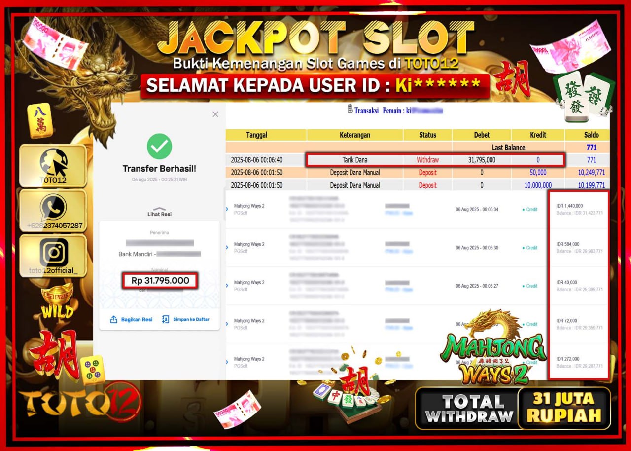 HANYA DI TOTO12 JP PASTI DI BAYAR LUNAS DAN CEPAT!!!!!! JACKPOT SLOT GAME (MAHJONG WAYS 2) Rp.31.795.000 !!!!