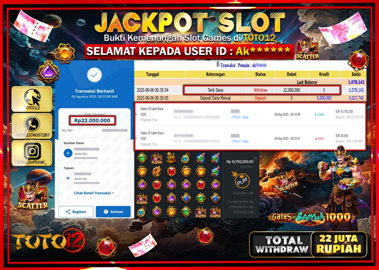 HANYA DI TOTO12 JP PASTI DI BAYAR LUNAS DAN CEPAT!!!!!! JACKPOT SLOT GAME (GATES OF GATOT KACA 1000) Rp.22.000.000 !!!!