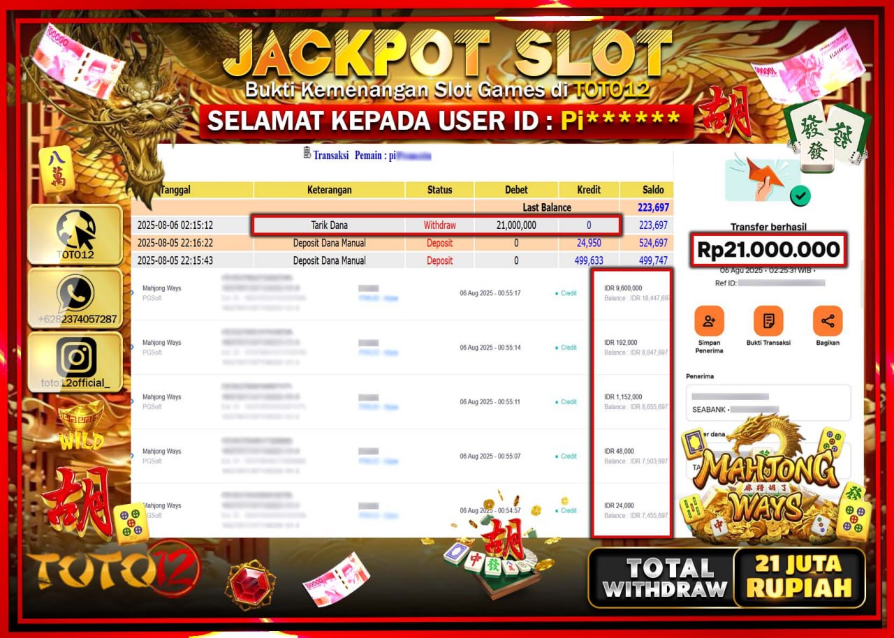 HANYA DI TOTO12 JP PASTI DI BAYAR LUNAS DAN CEPAT!!!!!! JACKPOT SLOT GAME (MAHJONG WAYS) Rp.21.000.000 !!!!