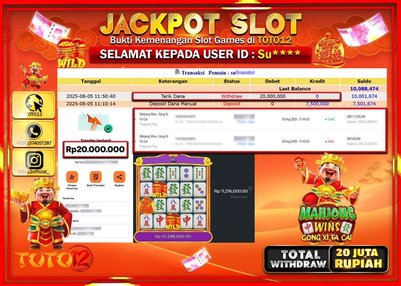 HANYA DI TOTO12 JP PASTI DI BAYAR LUNAS DAN CEPAT!!!!!! JACKPOT SLOT GAME (MAHJONG WINS GONG XI FA CAI) Rp.20.000.000 !!!!
