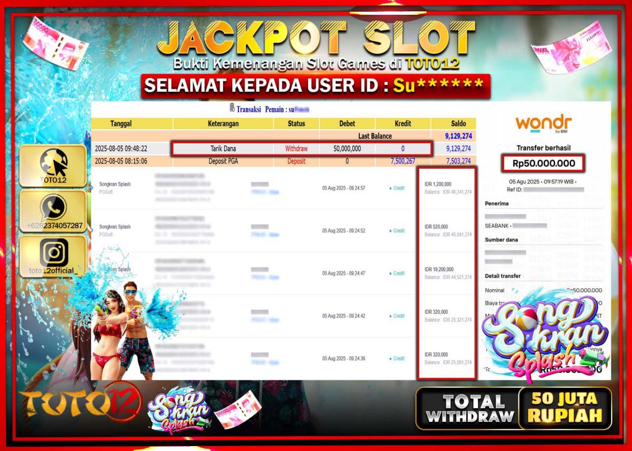 HANYA DI TOTO12 JP PASTI DI BAYAR LUNAS DAN CEPAT!!!!!! JACKPOT SLOT GAME (SONGKRAN SPLASH) Rp.50.000.000 !!!!