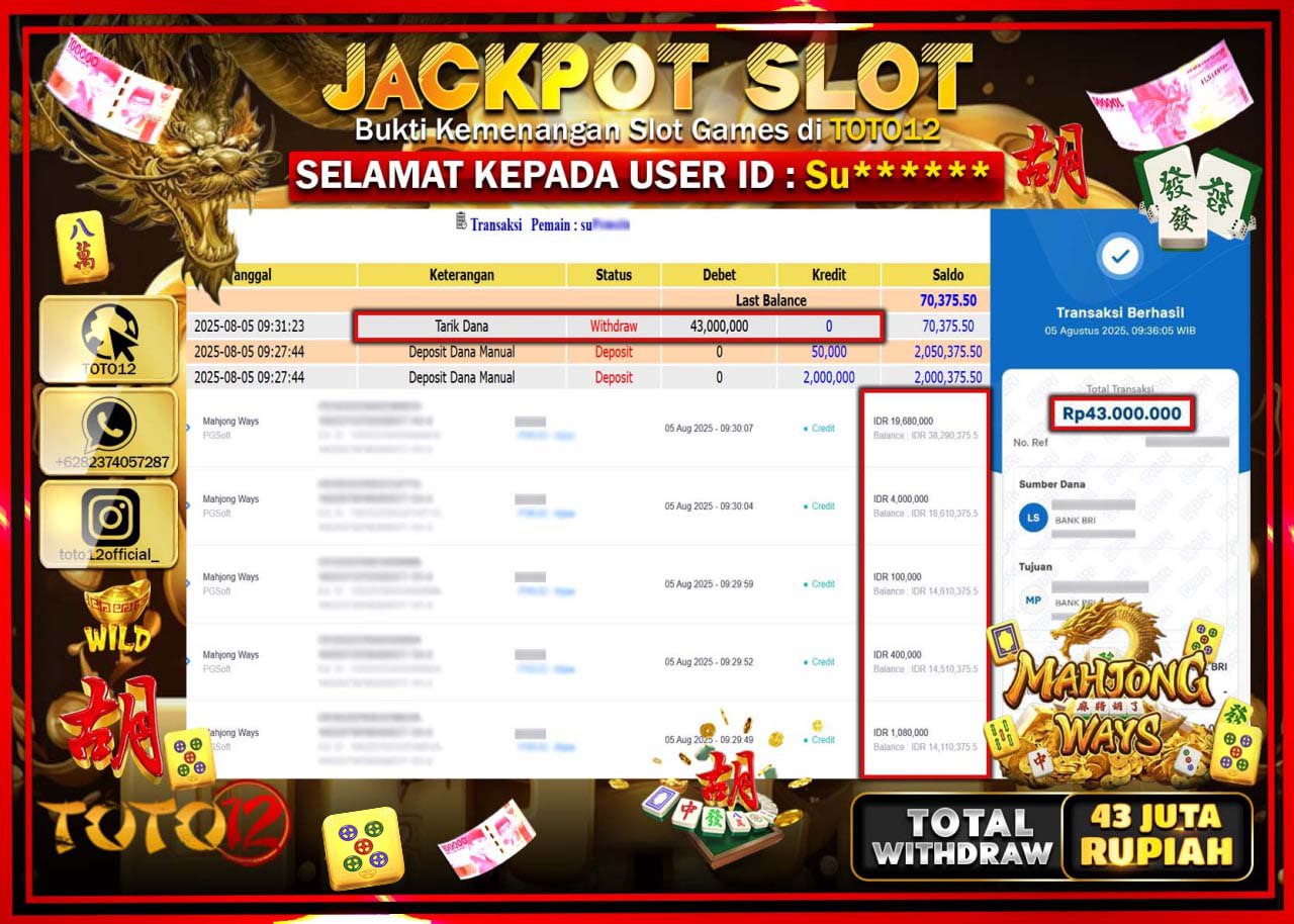 HANYA DI TOTO12 JP PASTI DI BAYAR LUNAS DAN CEPAT!!!!!! JACKPOT SLOT GAME (MAHJONG WAYS) Rp.43.000.000 !!!!