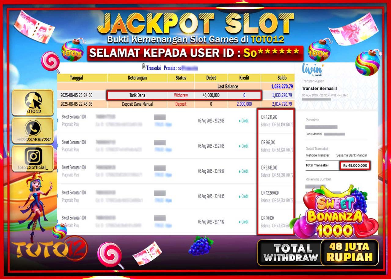 HANYA DI TOTO12 JP PASTI DI BAYAR LUNAS DAN CEPAT!!!!!! JACKPOT SLOT GAME (SWEET BONANZA 1000) Rp.48.000.000 !!!!