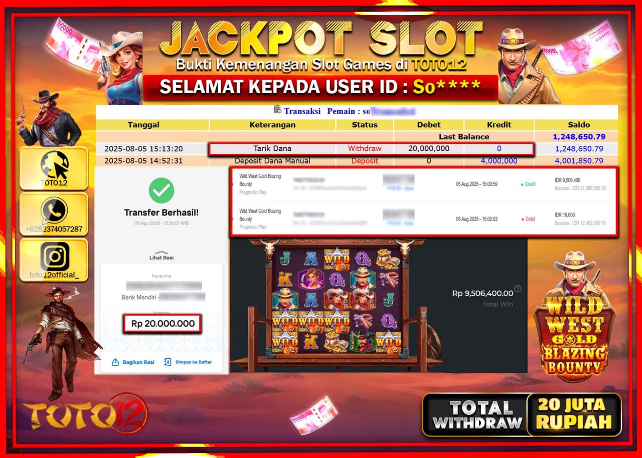 HANYA DI TOTO12 JP PASTI DI BAYAR LUNAS DAN CEPAT!!!!!! JACKPOT SLOT GAME (WILD WEST GOLD BLAZING BOUNTY) Rp.20.000.000 !!!!
