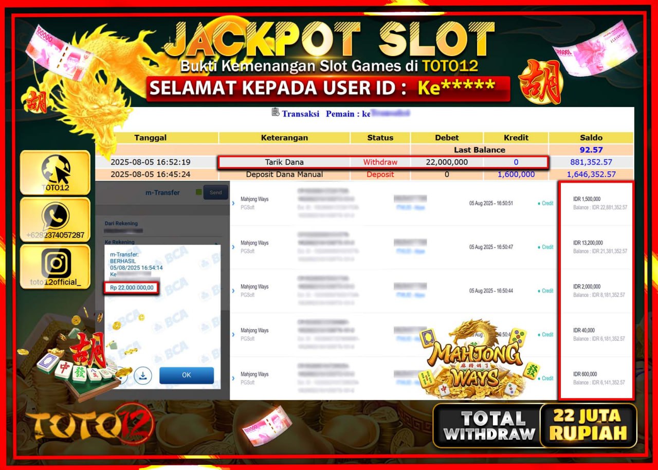 HANYA DI TOTO12 JP PASTI DI BAYAR LUNAS DAN CEPAT!!!!!! JACKPOT SLOT GAME (MAHJONG WAYS) Rp.22.000.000 !!!!