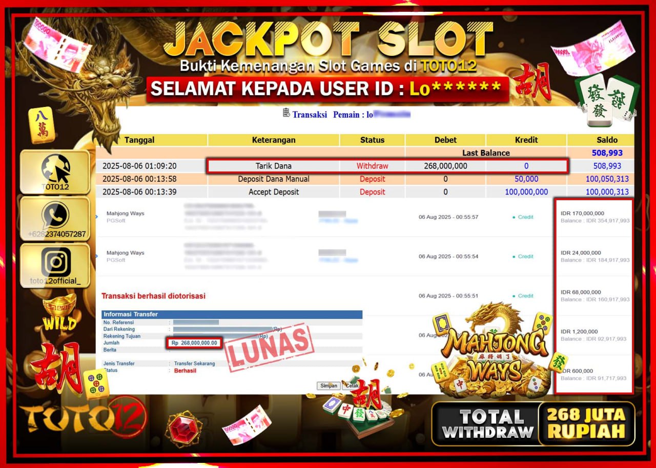 HANYA DI TOTO12 JP PASTI DI BAYAR LUNAS DAN CEPAT!!!!!! JACKPOT SLOT GAME (MAHJONG WAYS) Rp.268.000.000 !!!!