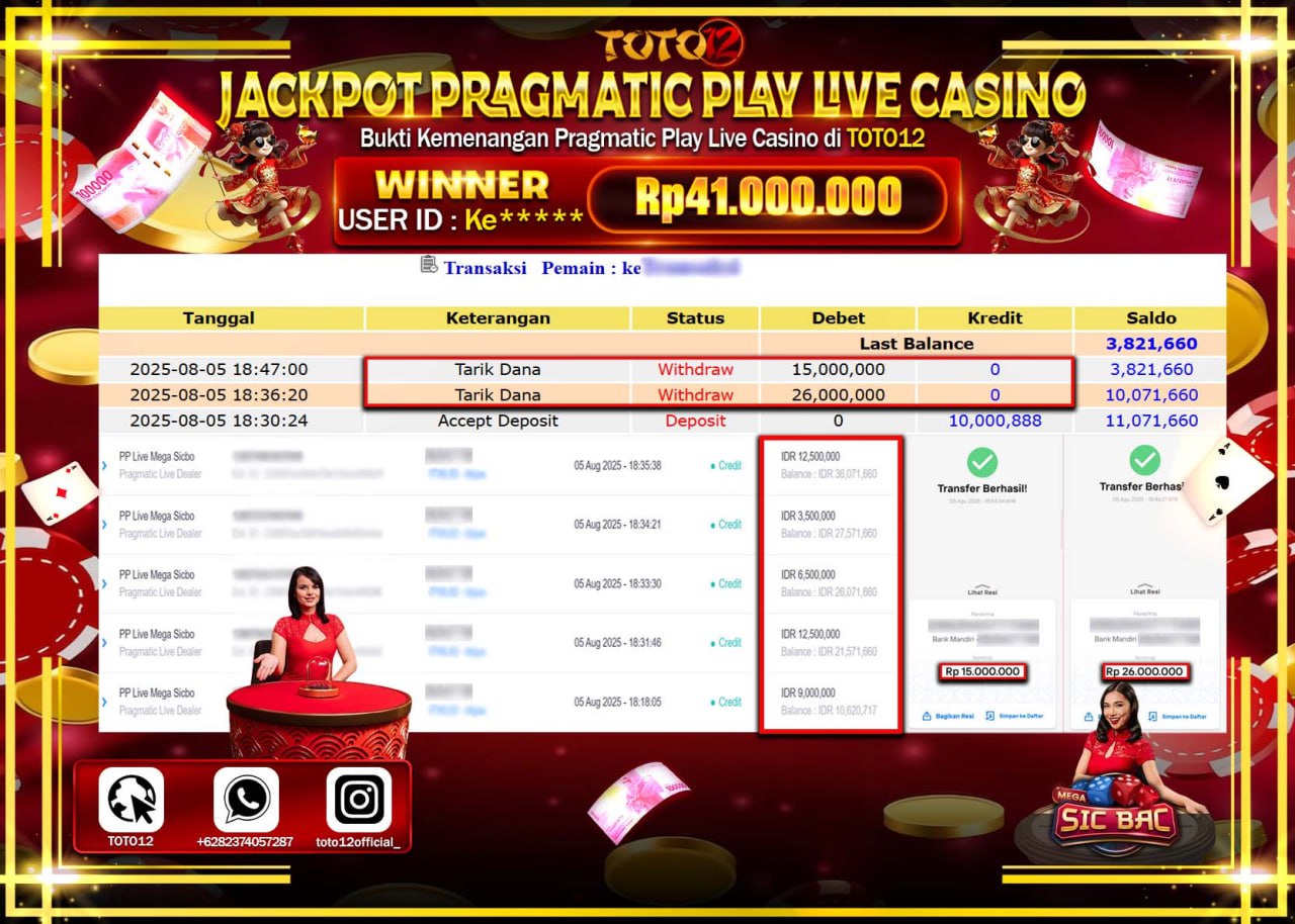 HANYA DI TOTO12 JP PASTI DI BAYAR LUNAS DAN CEPAT!!!!!! JACKPOT PRAGMATIC PLAY LIVE CASINO (SICBO) Rp.41.000.000 !!!!