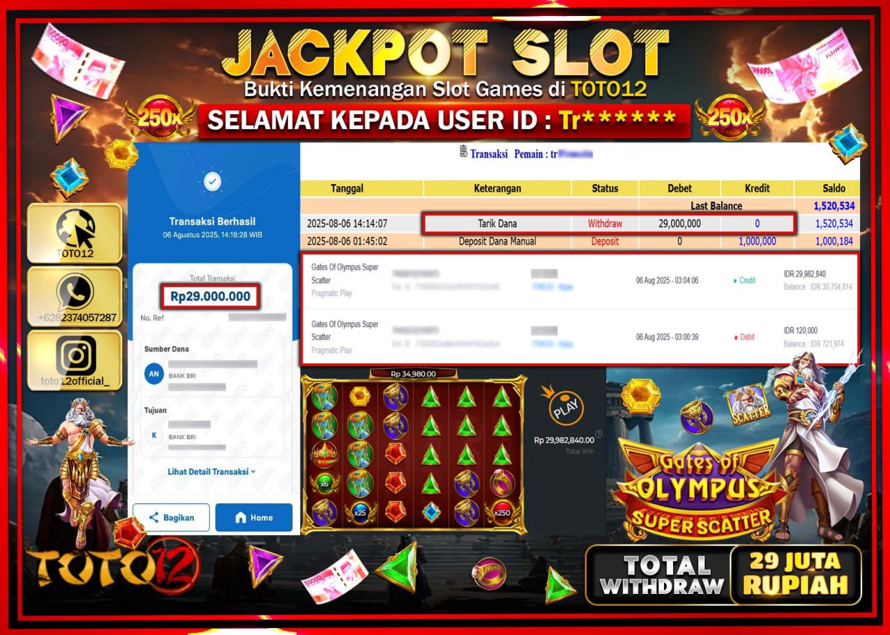 HANYA DI TOTO12 JP PASTI DI BAYAR LUNAS DAN CEPAT!!!!!! JACKPOT SLOT GAME (GATES OF OLYMPUS SUPER SCATTER) Rp.29.000.000 !!!!