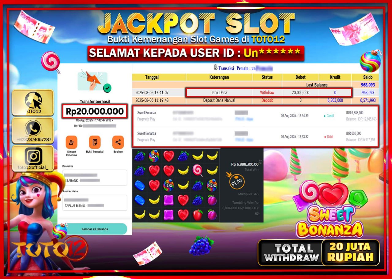 HANYA DI TOTO12 JP PASTI DI BAYAR LUNAS DAN CEPAT!!!!!! JACKPOT SLOT GAME (SWEET BONANZA) Rp.20.000.000 !!!!