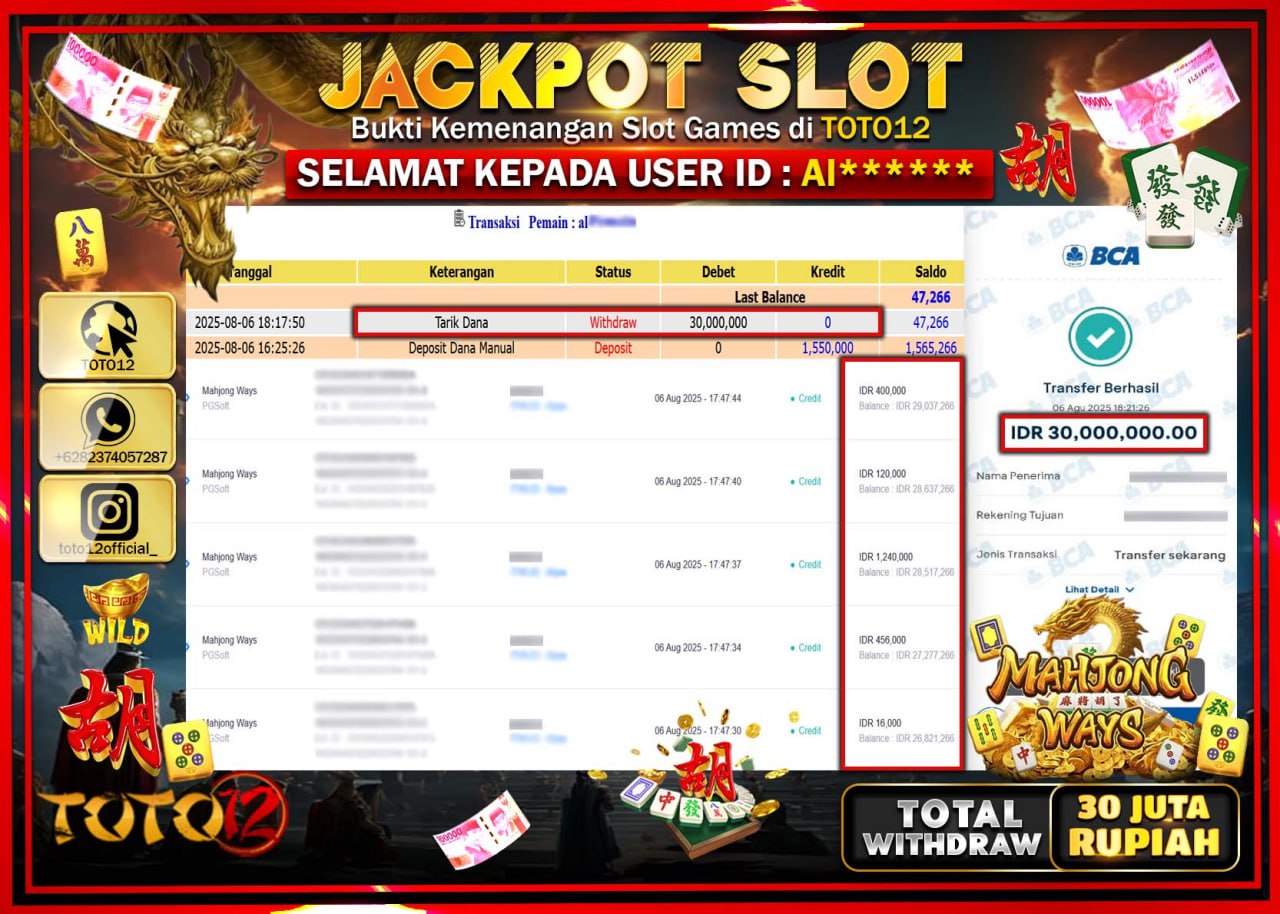 HANYA DI TOTO12 JP PASTI DI BAYAR LUNAS DAN CEPAT!!!!!! JACKPOT SLOT GAME (MAHJONG WAYS) Rp.30.000.000 !!!!