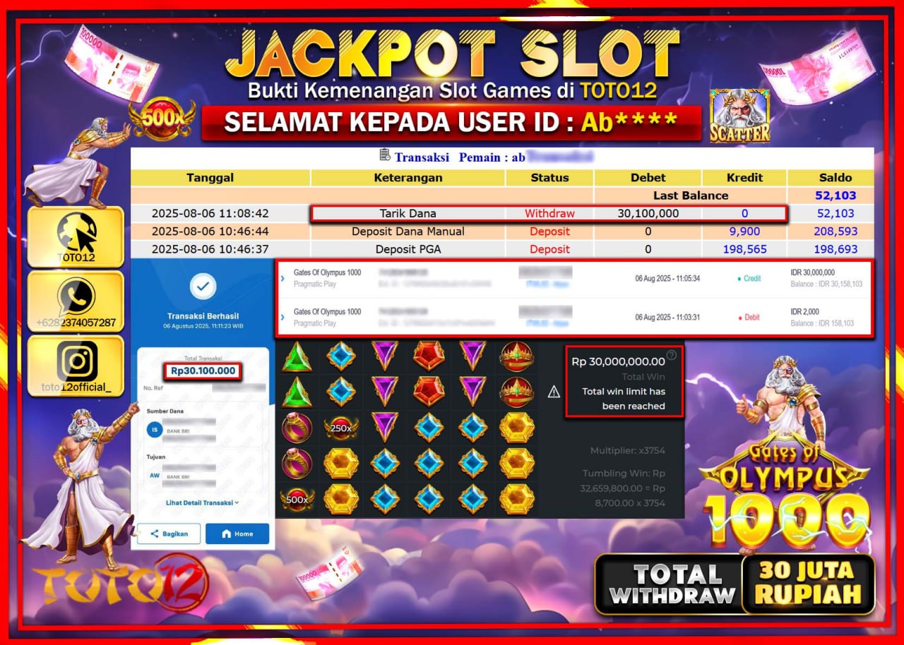 HANYA DI TOTO12 JP PASTI DI BAYAR LUNAS DAN CEPAT!!!!!! JACKPOT SLOT GAME (GATES OF OLYMPUS 1000) Rp.30.100.000 !!!!