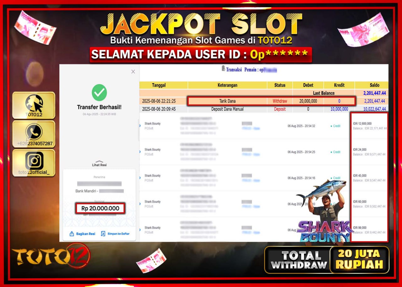 HANYA DI TOTO12 JP PASTI DI BAYAR LUNAS DAN CEPAT!!!!!! JACKPOT SLOT GAME (SHARK BOUNTY) Rp.20.000.000 !!!!