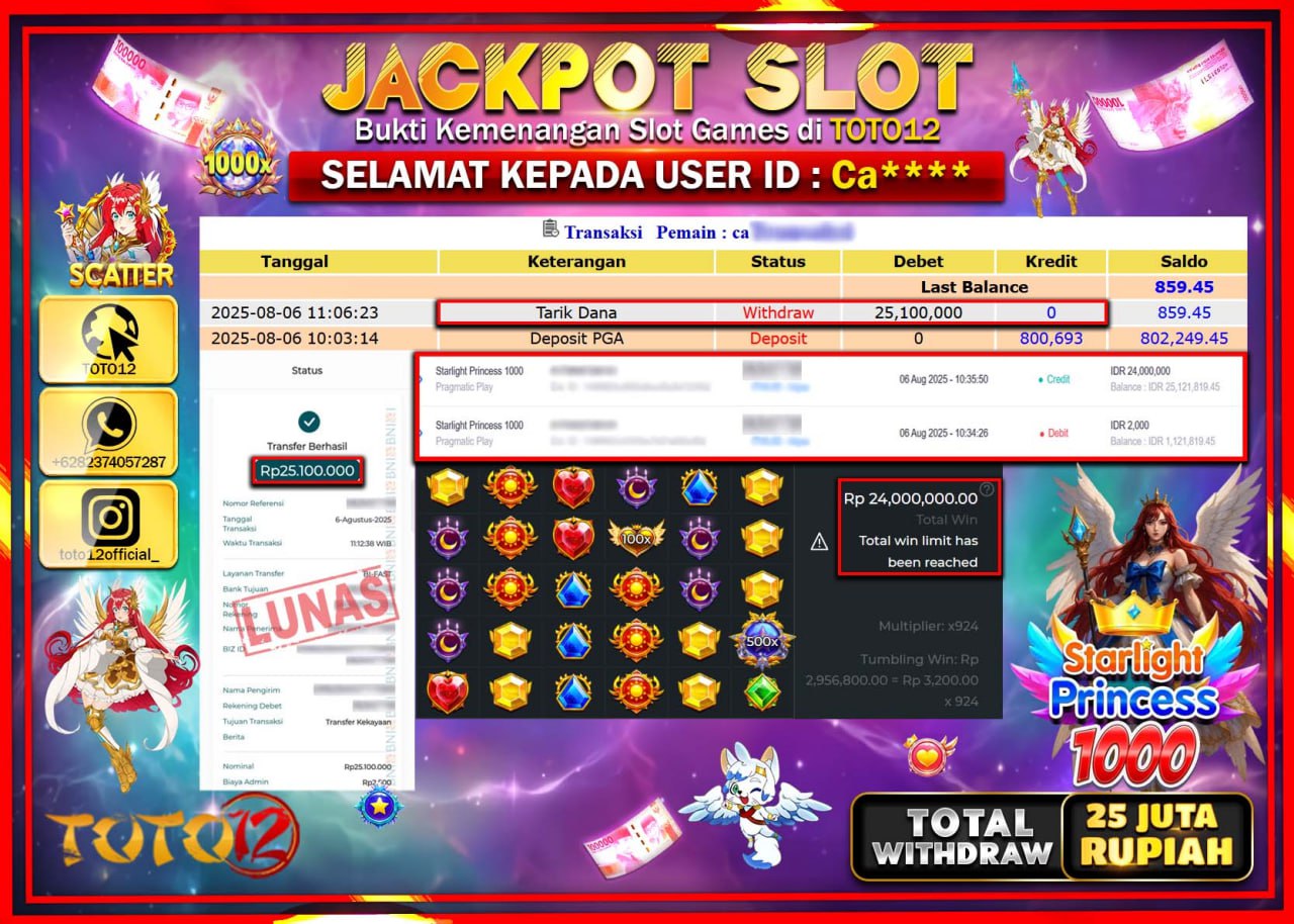 HANYA DI TOTO12 JP PASTI DI BAYAR LUNAS DAN CEPAT!!!!!! JACKPOT SLOT GAME (STARLIGHT PRINCESS 1000) Rp.25.100.000 !!!!