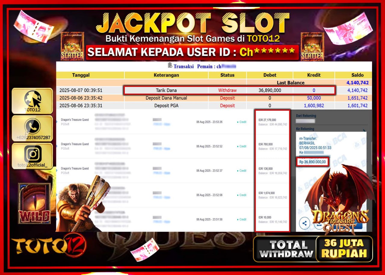 HANYA DI TOTO12 JP PASTI DI BAYAR LUNAS DAN CEPAT!!!!!! JACKPOT SLOT GAME (DRAGONS TREASURE QUEST) Rp.36.000.000 !!!!