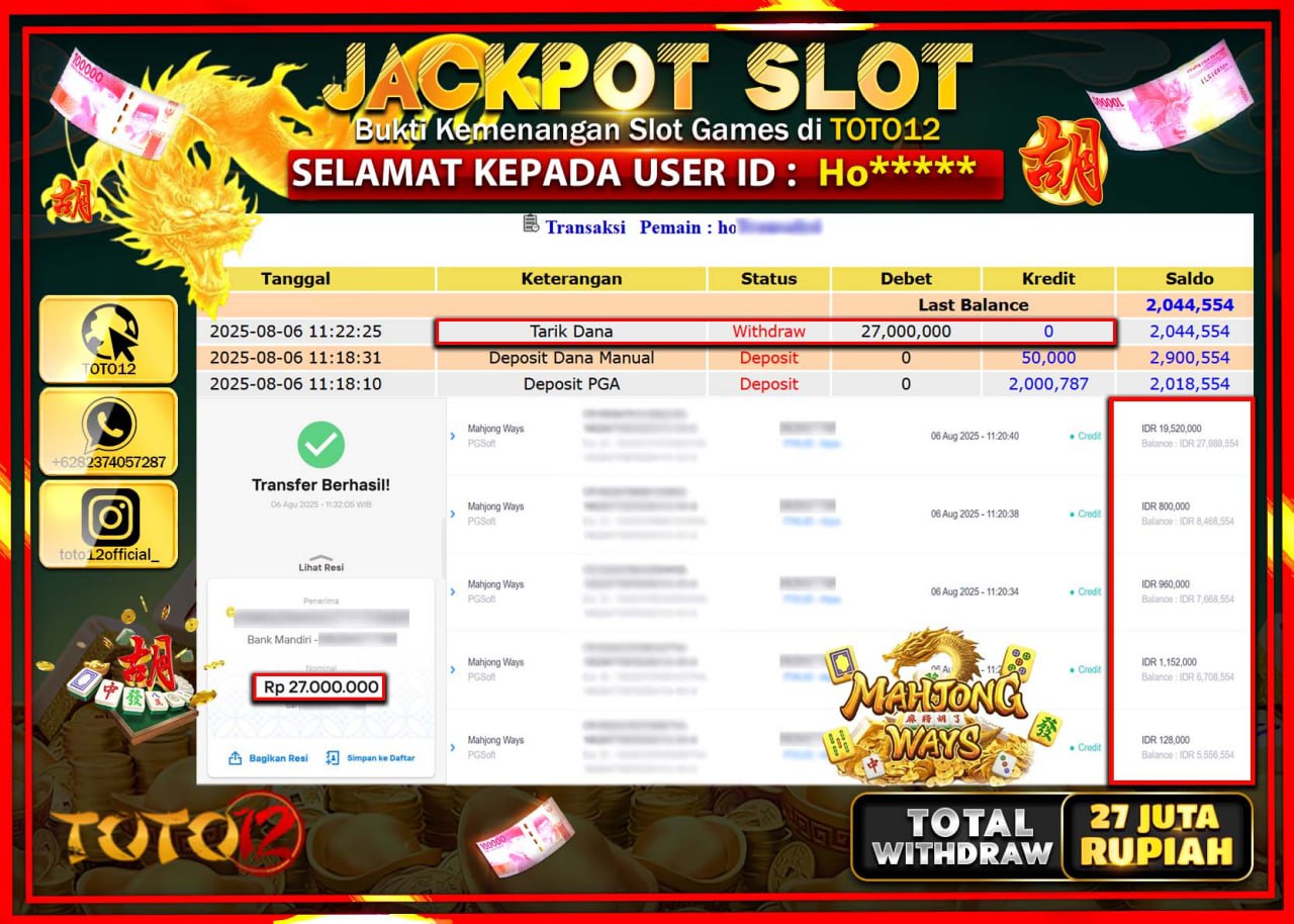 HANYA DI TOTO12 JP PASTI DI BAYAR LUNAS DAN CEPAT!!!!!! JACKPOT SLOT GAME (MAHJONG WAYS) Rp.27.000.000 !!!!
