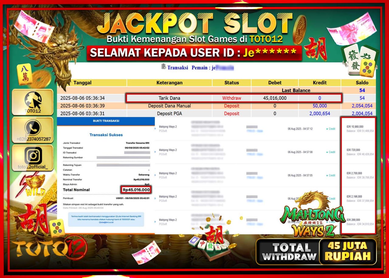 HANYA DI TOTO12 JP PASTI DI BAYAR LUNAS DAN CEPAT!!!!!! JACKPOT SLOT GAME (MAHJONG WAYS 2) Rp.45.016.000 !!!!