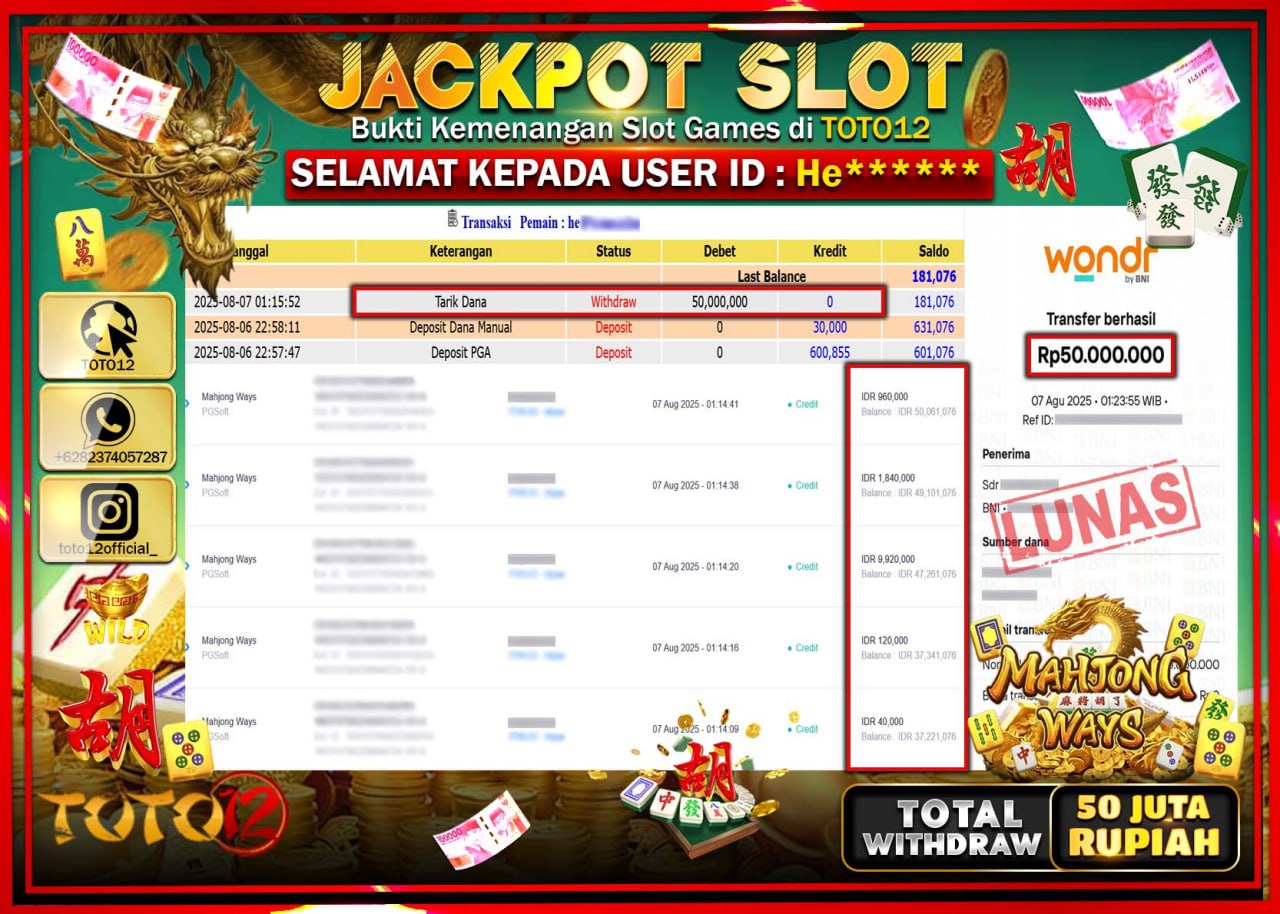 HANYA DI TOTO12 JP PASTI DI BAYAR LUNAS DAN CEPAT!!!!!! JACKPOT SLOT GAME (MAHJONG WAYS) Rp.50.000.000 !!!!