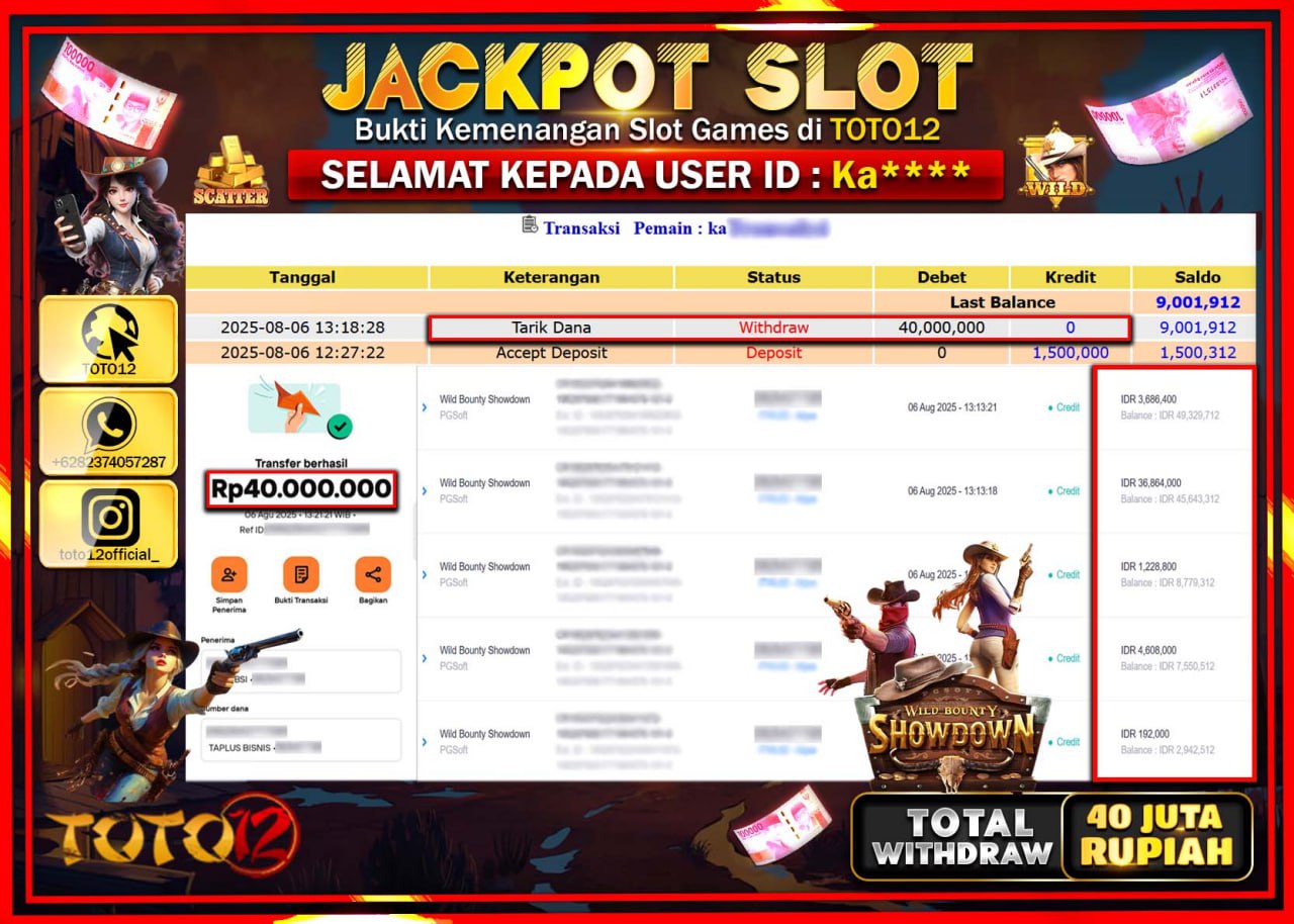 HANYA DI TOTO12 JP PASTI DI BAYAR LUNAS DAN CEPAT!!!!!! JACKPOT SLOT GAME (WILD BOUNTY SHOWDOWN) Rp.40.000.000 !!!!