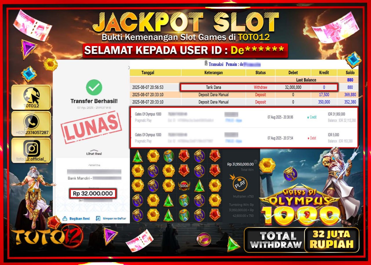 HANYA DI TOTO12 JP PASTI DI BAYAR LUNAS DAN CEPAT!!!!!! JACKPOT SLOT GAME (GATES OF OLYMPUS 1000) Rp.32.000.000 !!!!