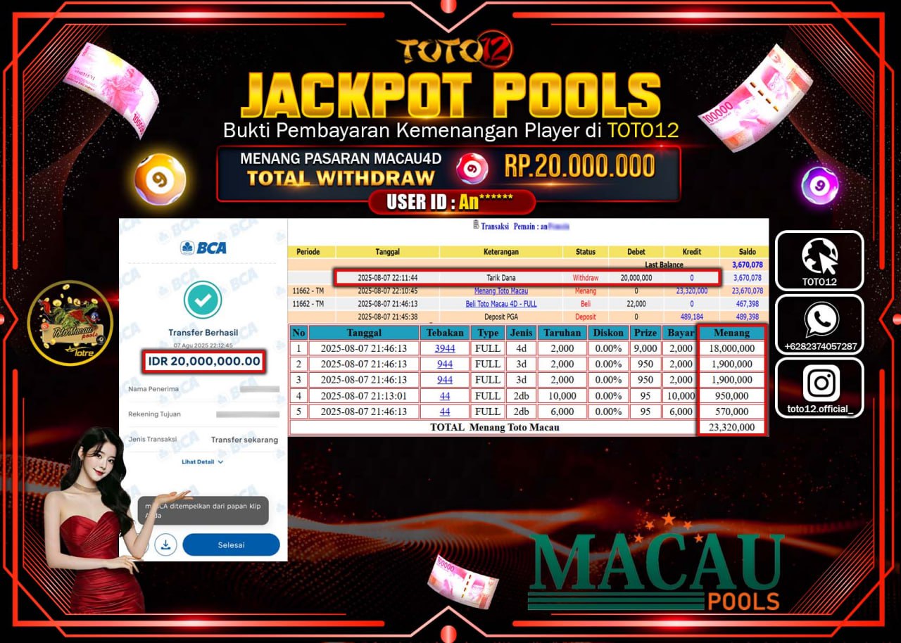 HANYA DI TOTO12 JP PASTI DI BAYAR LUNAS DAN CEPAT!!!!!! JACKPOT POOLS PASARAN (MACAU 4D) Rp.20.000.000 !!!!