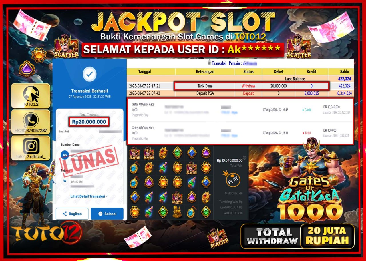 HANYA DI TOTO12 JP PASTI DI BAYAR LUNAS DAN CEPAT!!!!!! JACKPOT SLOT GAME (GATES OF GATOT KACA 1000) Rp.20.000.000 !!!!