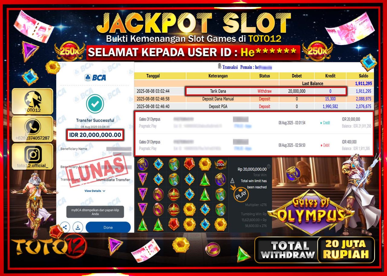 HANYA DI TOTO12 JP PASTI DI BAYAR LUNAS DAN CEPAT!!!!!! JACKPOT SLOT GAME (GATES OF OLYMPUS) Rp.20.000.000 !!!!