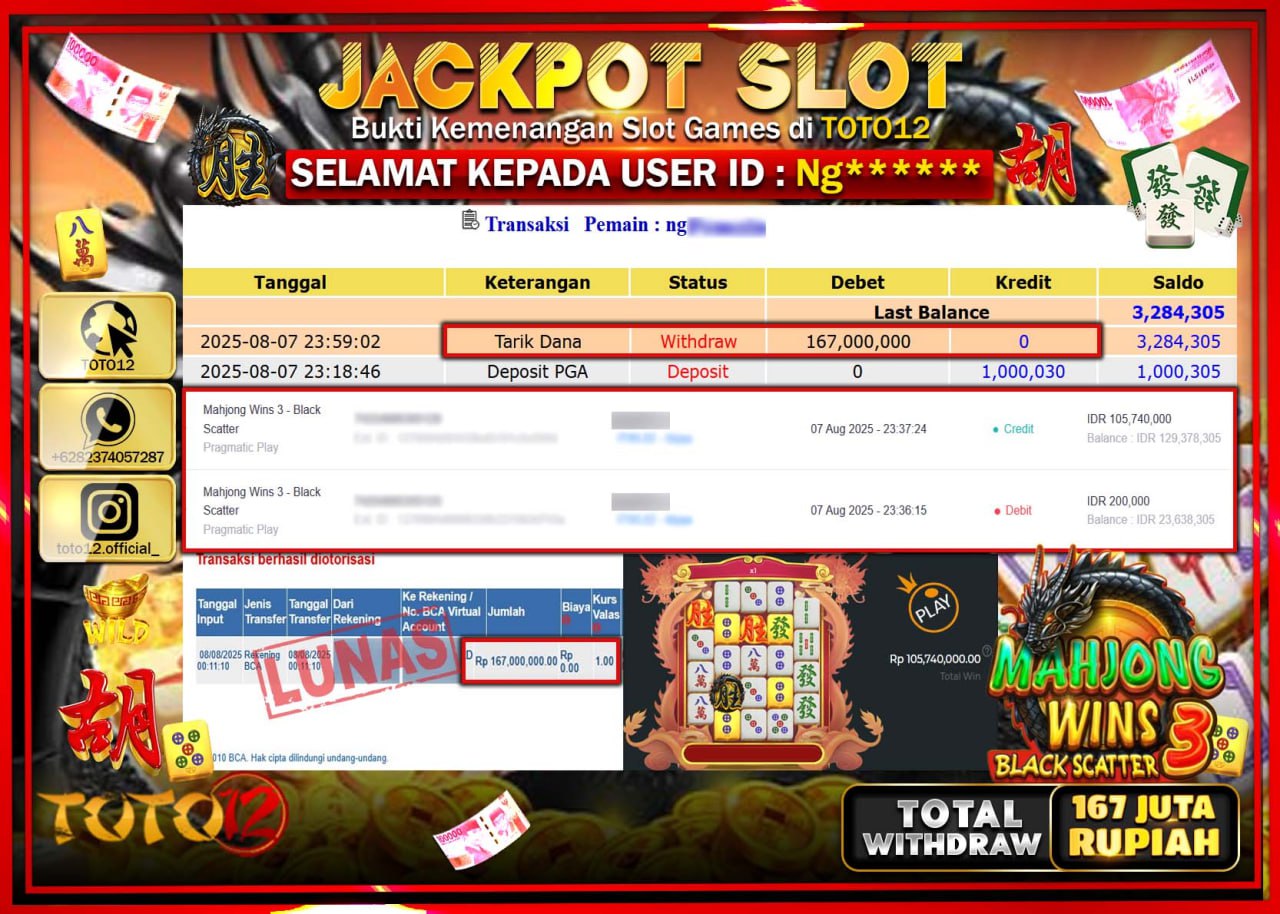 HANYA DI TOTO12 JP PASTI DI BAYAR LUNAS DAN CEPAT!!!!!! JACKPOT SLOT GAME (MAHJONG WINS 3 BLACK SCATTER) Rp.167.000.000 !!!!