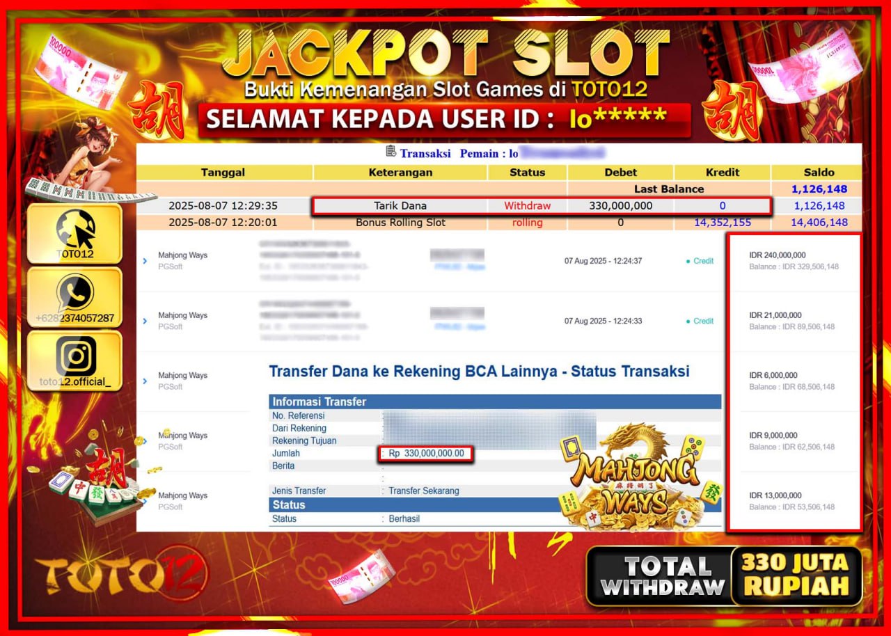 HANYA DI TOTO12 JP PASTI DI BAYAR LUNAS DAN CEPAT!!!!!! JACKPOT SLOT GAME (MAHJONG WAYS) Rp.330.000.000 !!!!