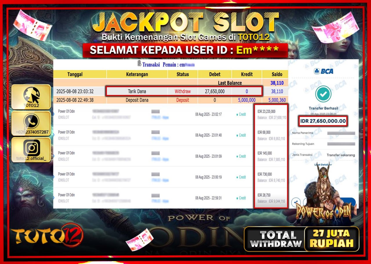HANYA DI TOTO12 JP PASTI DI BAYAR LUNAS DAN CEPAT!!!!!! JACKPOT SLOT GAME (POWER OF ODIN) Rp.27.650.000 !!!!