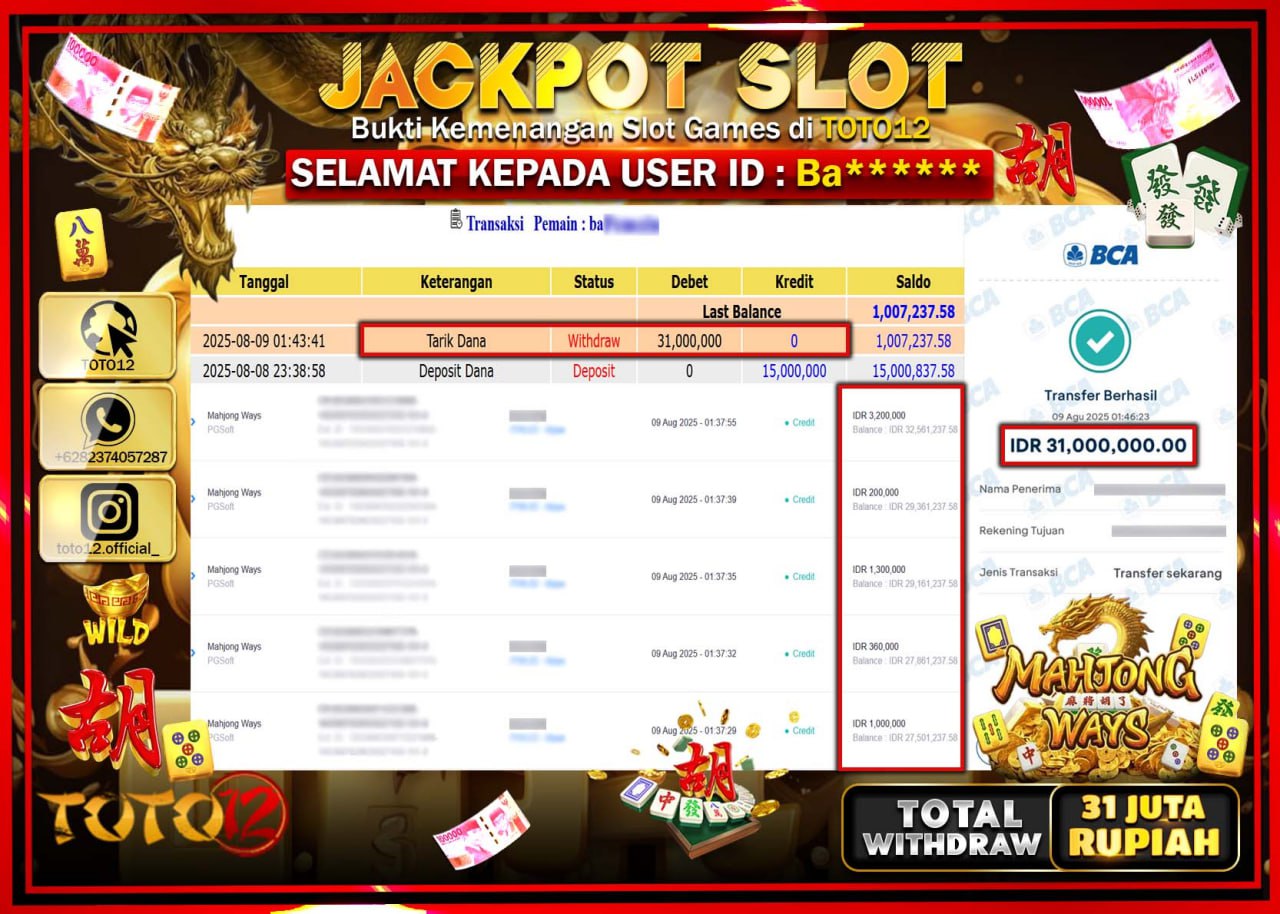 HANYA DI TOTO12 JP PASTI DI BAYAR LUNAS DAN CEPAT!!!!!! JACKPOT SLOT GAME (MAHJONG WAYS) Rp.31.000.000 !!!!