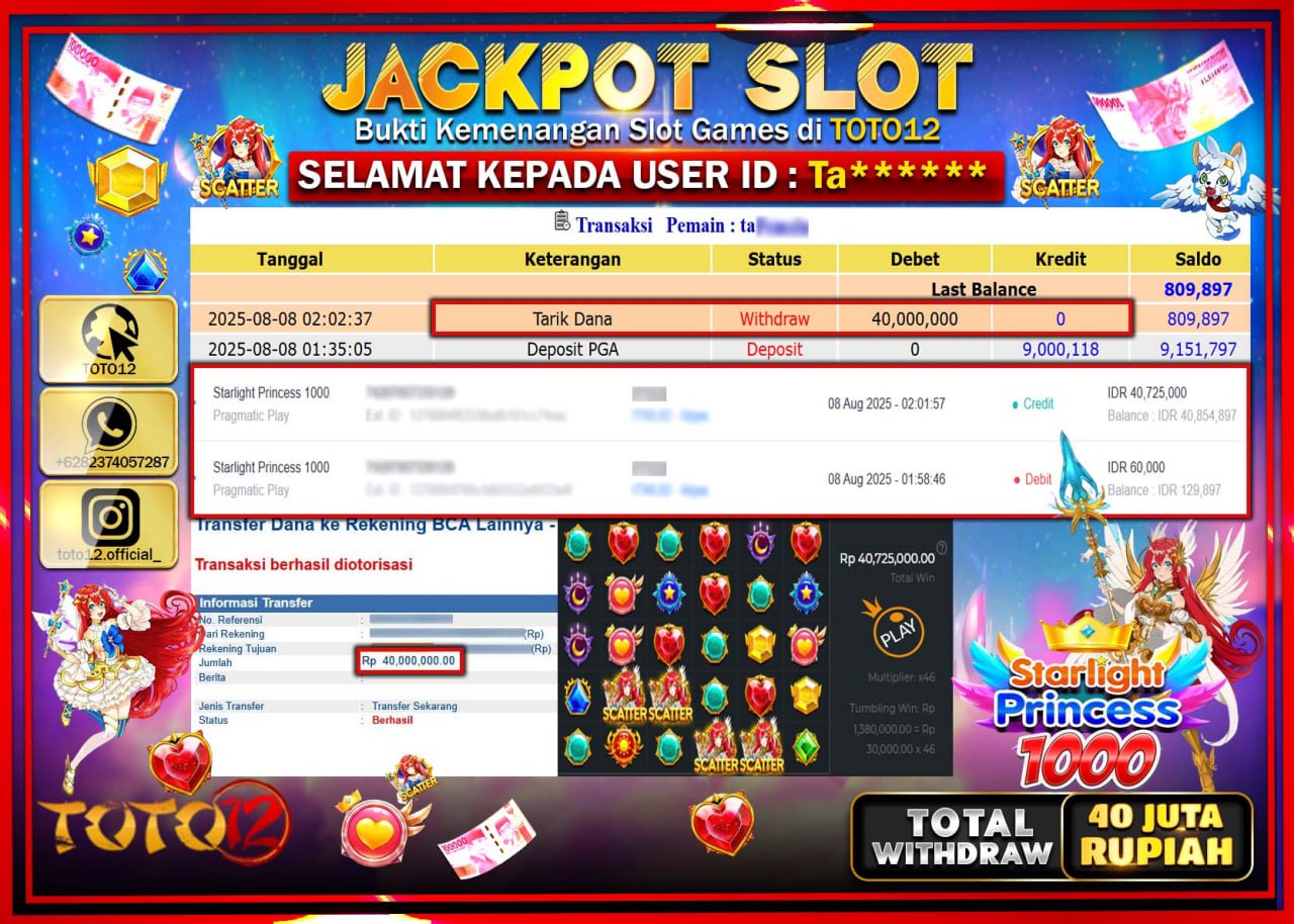 HANYA DI TOTO12 JP PASTI DI BAYAR LUNAS DAN CEPAT!!!!!! JACKPOT SLOT GAME (STARLIGHT PRINCESS 1000) Rp.40.000.000 !!!!