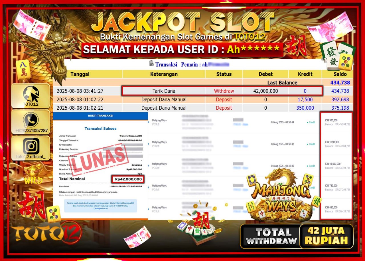 HANYA DI TOTO12 JP PASTI DI BAYAR LUNAS DAN CEPAT!!!!!! JACKPOT SLOT GAME (MAHJONG WAYS) Rp.42.000.000 !!!!