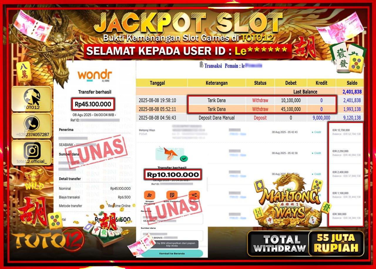 HANYA DI TOTO12 JP PASTI DI BAYAR LUNAS DAN CEPAT!!!!!! JACKPOT SLOT GAME (MAHJONG WAYS) Rp.55.200.000 !!!!