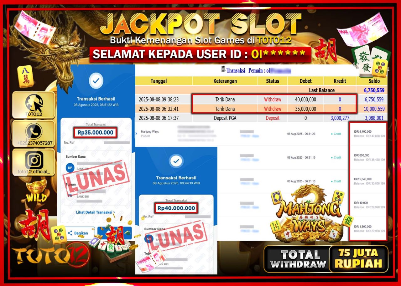 HANYA DI TOTO12 JP PASTI DI BAYAR LUNAS DAN CEPAT!!!!!! JACKPOT SLOT GAME (MAHJONG WAYS) Rp.75.000.000 !!!!