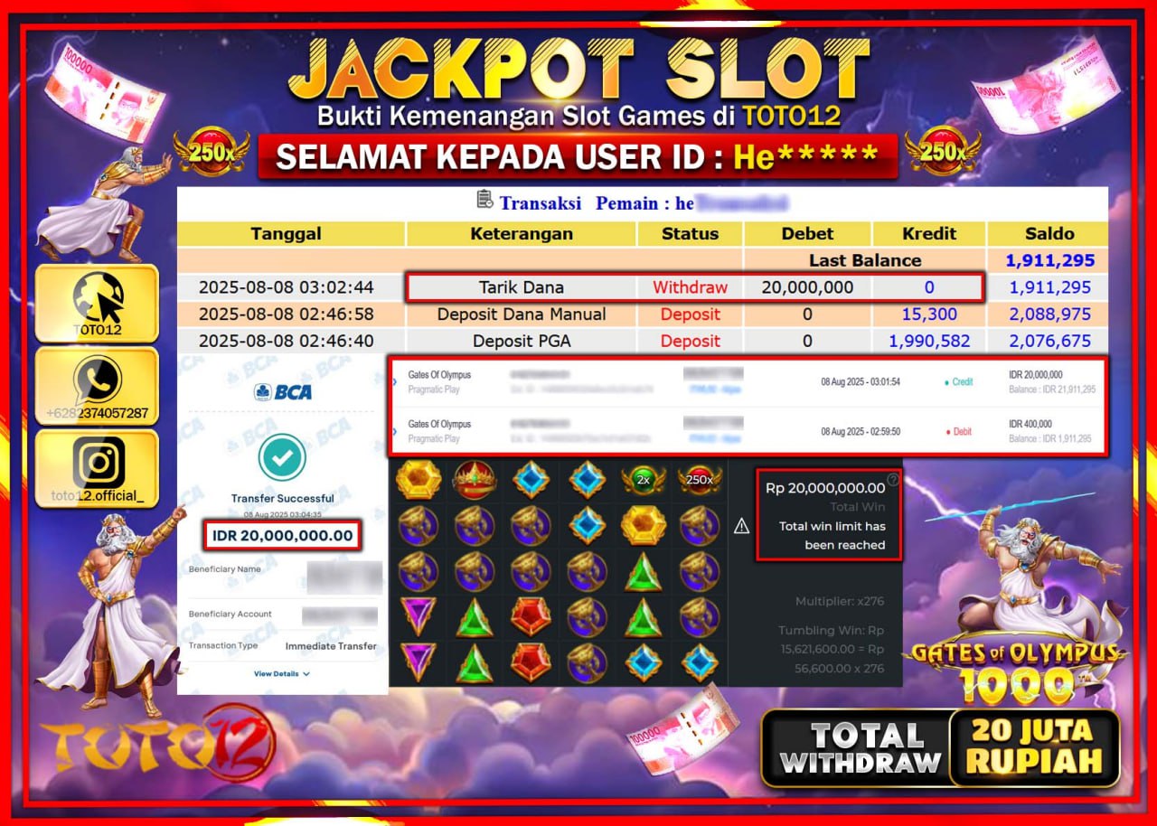 HANYA DI TOTO12 JP PASTI DI BAYAR LUNAS DAN CEPAT!!!!!! JACKPOT SLOT GAME (GATES OF OLYMPUS 1000) Rp.20.000.000 !!!!
